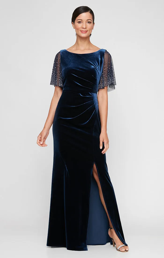 Long Fit and Flare Dress with Heat Set Illusion Flutter Sleeves and Front Slit sold by Alex Evenings