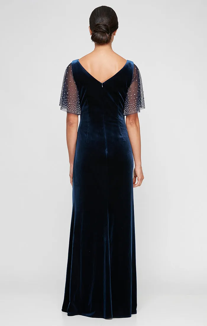 Long Fit and Flare Dress with Heat Set Illusion Flutter Sleeves and Front Slit sold by Alex Evenings product image thumbnail 2