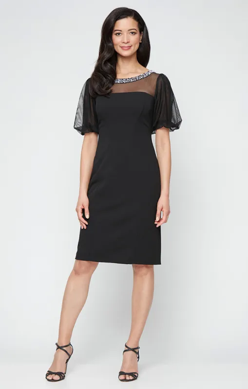 Short Stretch Crepe Sheath Dress with Beaded Illusion Neckline and Flutter Sleeves sold by Alex Evenings
