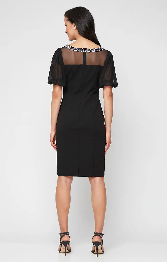 Short Stretch Crepe Sheath Dress with Beaded Illusion Neckline and Flutter Sleeves sold by Alex Evenings product image thumbnail 2
