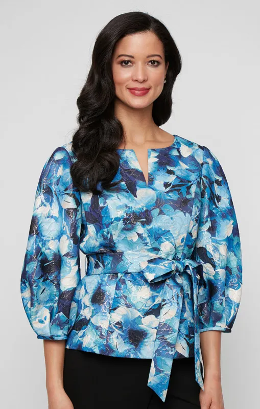 Regular - Printed Jacquard Blouse with Notched Neckline Detail, Bubble Hem Sleeves and Tie Belt sold by Alex Evenings