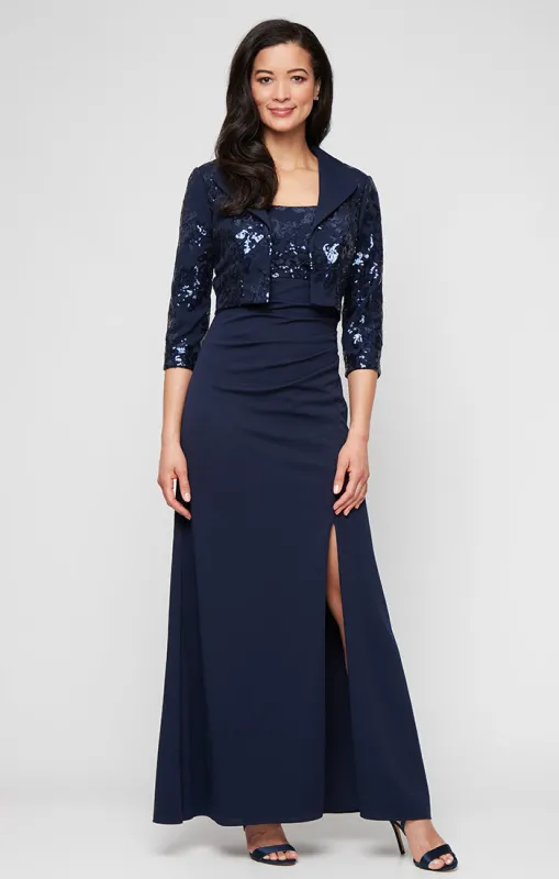 Long Scuba Crepe Jacket Dress with Sequin Bodice & Collared Jacket, Square Neckline and Front Slit sold by Alex Evenings