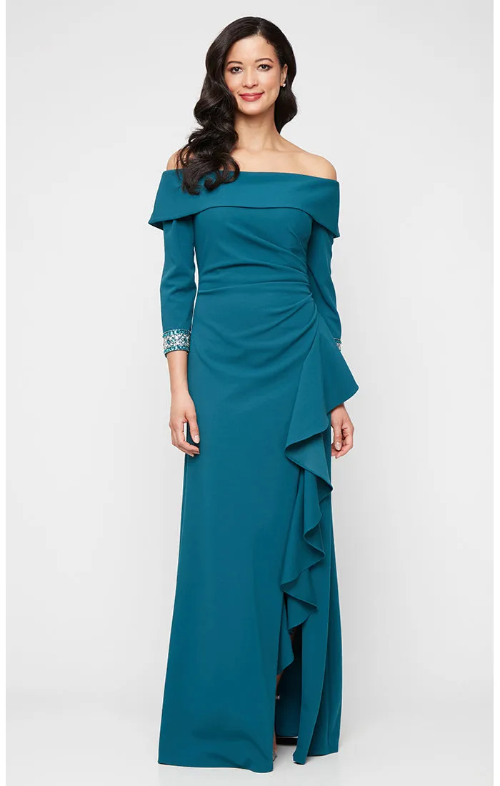 *Long Stretch Crepe Off the Shoulder Dress with Foldover Cuff Neckline, Beaded Sleeve Detail and Cascade Ruffle Skirt sold by Alex Evenings