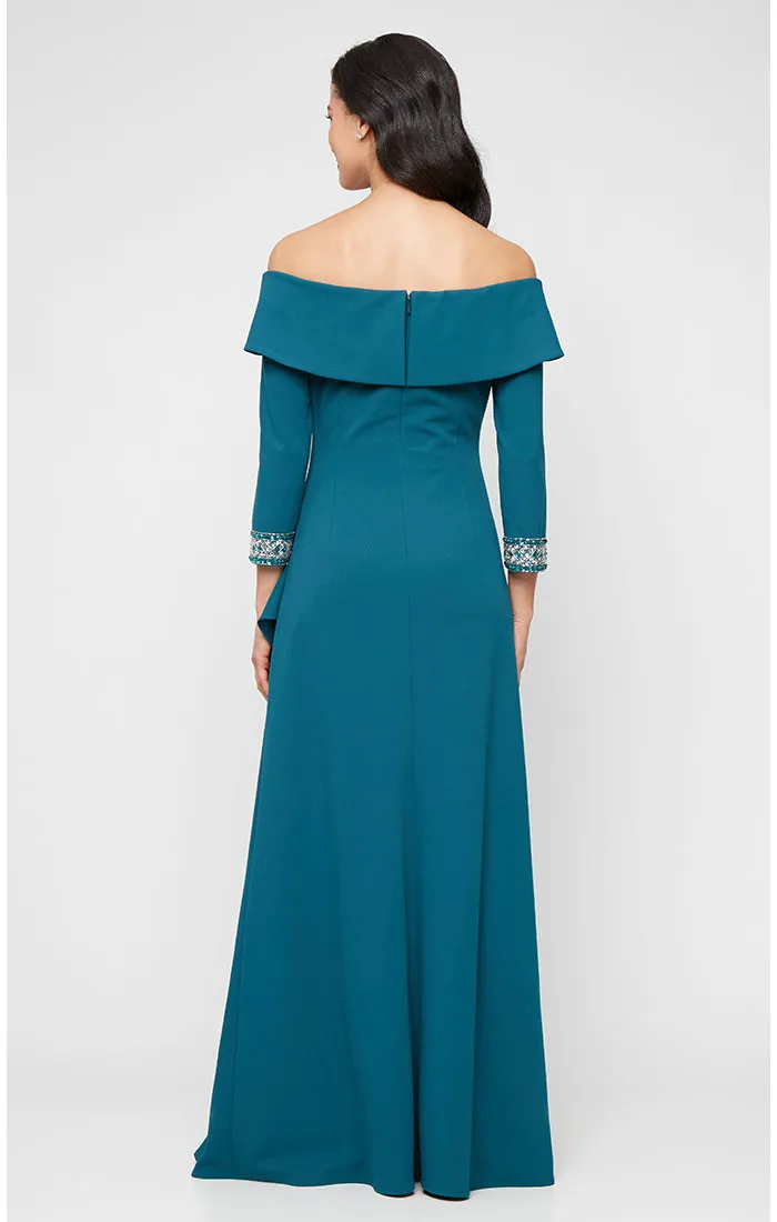 *Long Stretch Crepe Off the Shoulder Dress with Foldover Cuff Neckline, Beaded Sleeve Detail and Cascade Ruffle Skirt sold by Alex Evenings product image thumbnail 2