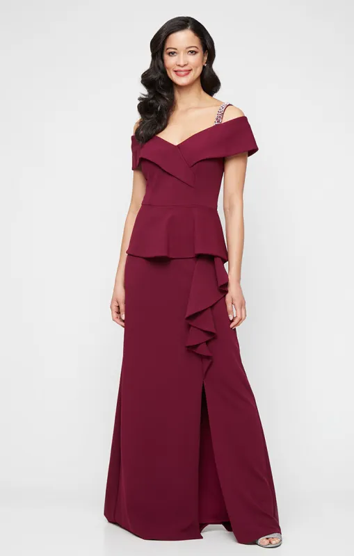 *Long Stretch Crepe Dress with Embellished Strap Cold Shoulder Detail and Cascade Peplum Hem Bodice sold by Alex Evenings