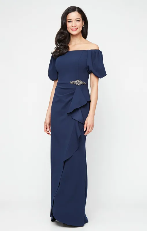 *Long Stretch Crepe Off the Shoulder Dress with Embellished Cascade Ruffle Detail at Waist and Puff Sleeves sold by Alex Evenings