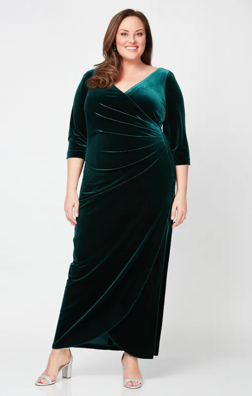 Plus Long Surplice Neckline Velvet Dress with Tulip Overlay Hem Skirt and 3/4 Sleeves sold by Alex Evenings