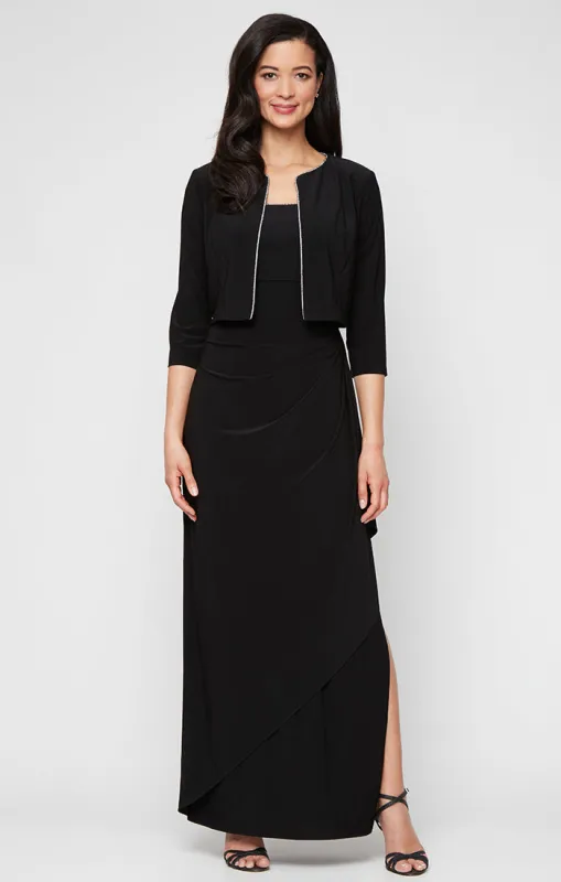 Long Matte Jersey Jacket Dress with Scoop Neckline, Cascade Skirt, Open Jacket and Foil Piping Trim sold by Alex Evenings