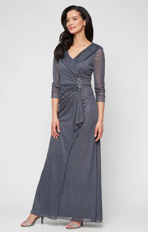 Long Portrait Collar Glitter Mesh Dress with Illusion Sleeves and Embellished Ruched Waist Detail sold by Alex Evenings