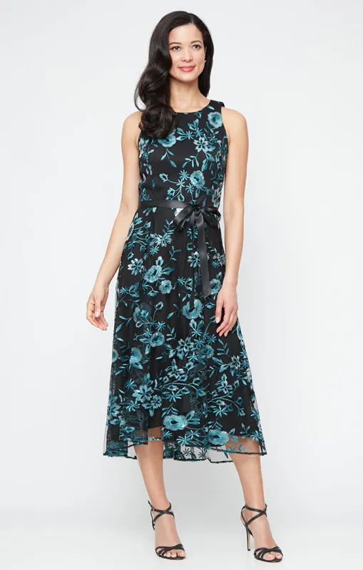 Midi Embroidered Tulle Sleeveless Dress with Tie Waist sold by Alex Evenings