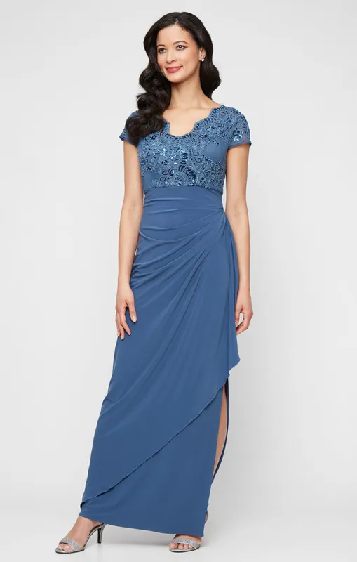 Regular - Embroidered Tulle Empire Waist Dress with Jersey Cascade Overlay Skirt sold by Alex Evenings