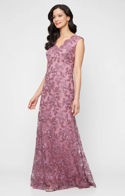 Regular - Sleeveless Embroidered A-Line Dress with Scallop Detail V-Neckline sold by Alex Evenings