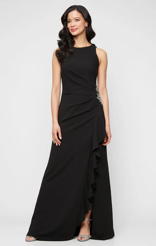 *Long Sleeveless Stretch Crepe Dress with Beaded Hip Detail and Cascade Ruffle Skirt sold by Alex Evenings