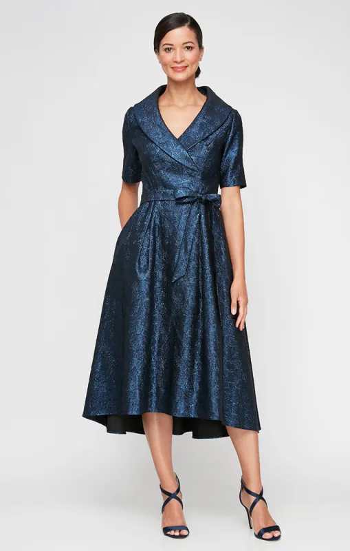 Midi Portrait Collar Stretch Jacquard Party Dress with Elbow Sleeves & Tie Waist sold by Alex Evenings