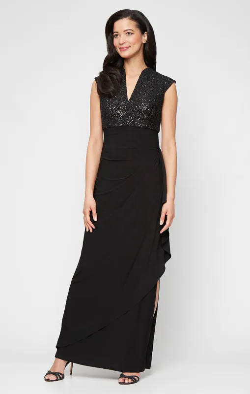 Petite Long Sleeveless Empire Waist Dress with Corded Bodice and Cascade Detail Jersey Skirt sold by Alex Evenings