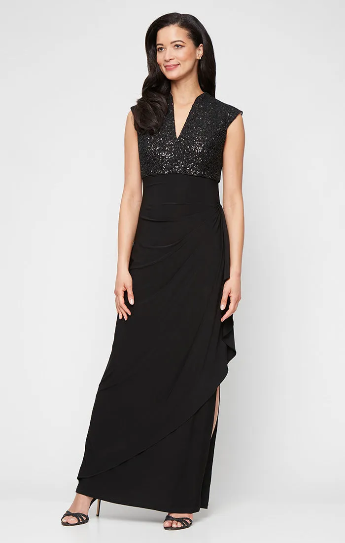 Petite Long Sleeveless Empire Waist Dress with Corded Bodice and Cascade Detail Jersey Skirt sold by Alex Evenings