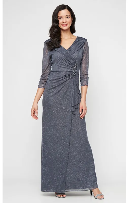 Petite Long Portrait Collar Glitter Mesh Dress with Illusion Sleeves and Embellished Ruched Waist Detail sold by Alex Evenings