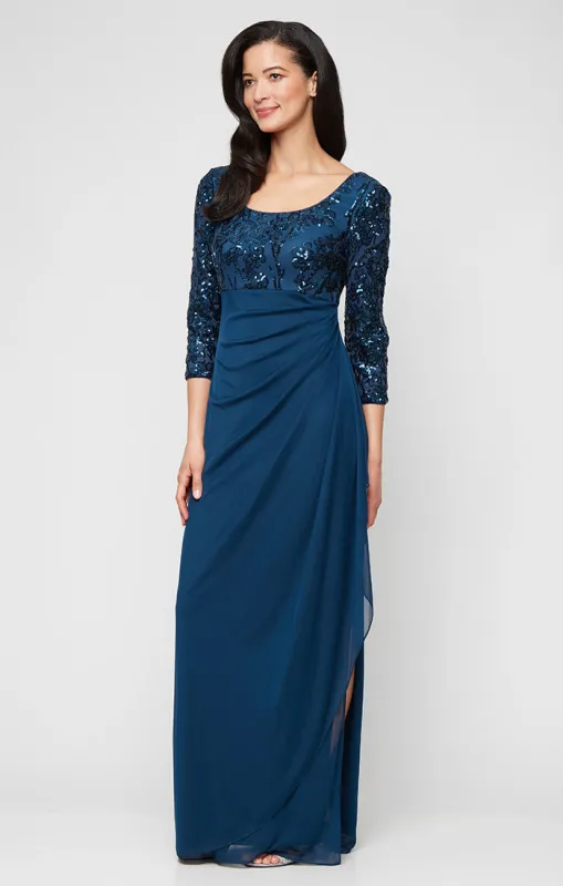 Petite Long Scoop Neck Empire Waist Stretch Sequin Dress with Mesh Cascade Detail Skirt sold by Alex Evenings