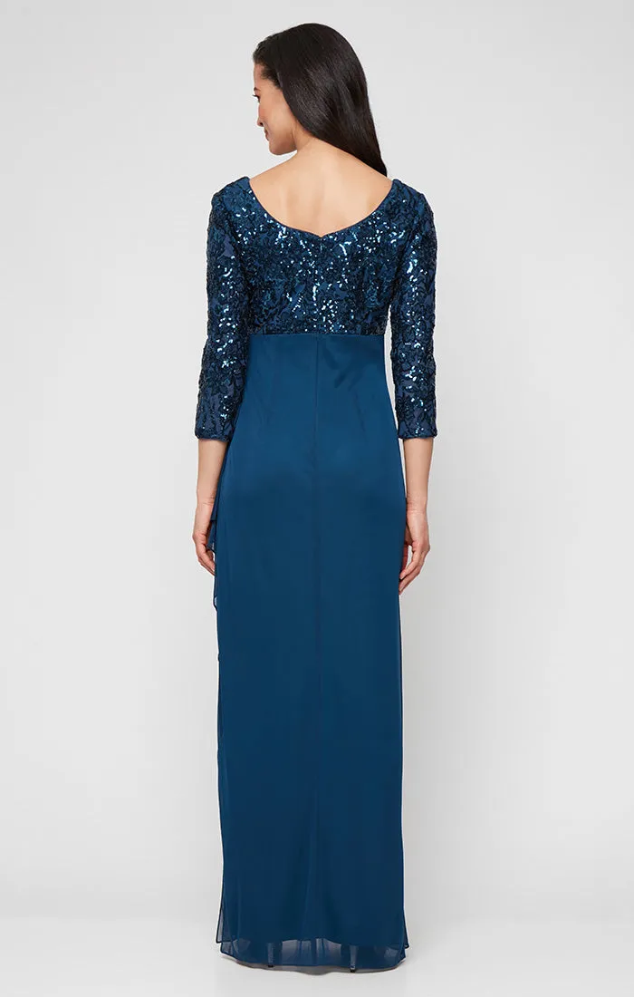 Petite- Scoop Neck Empire Waist Stretch Sequin Dress with Mesh Cascade Detail Skirt sold by Alex Evenings product image thumbnail 2