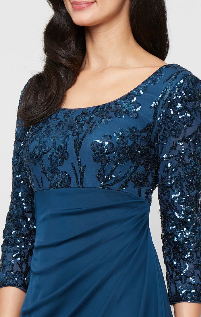 Petite- Scoop Neck Empire Waist Stretch Sequin Dress with Mesh Cascade Detail Skirt sold by Alex Evenings product image thumbnail 3