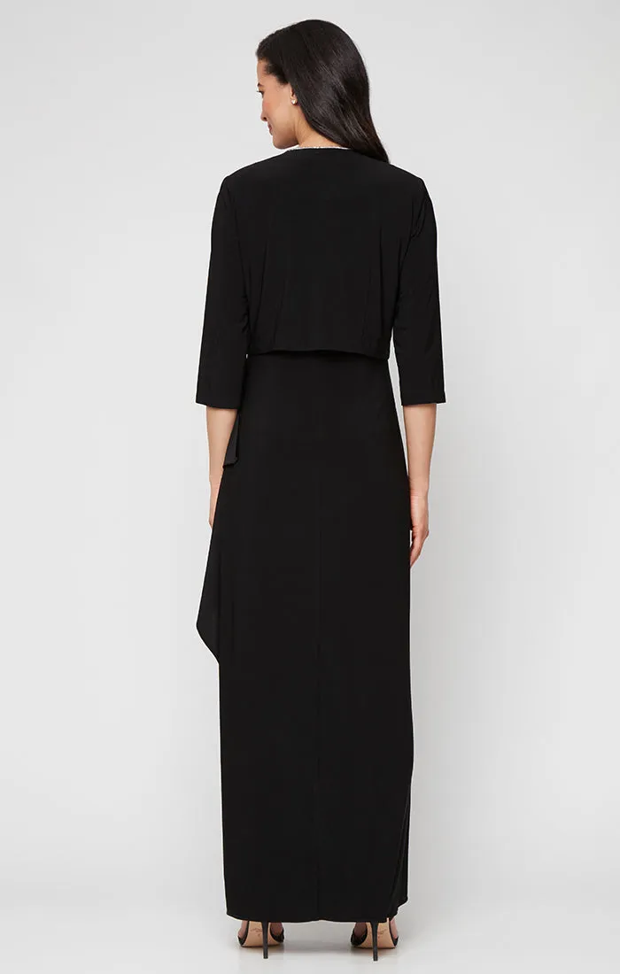 Petite - Long Matte Jersey Jacket Dress with Scoop Neckline, Cascade Skirt, Open Jacket and Foil Piping Trim sold by Alex Evenings product image thumbnail 4