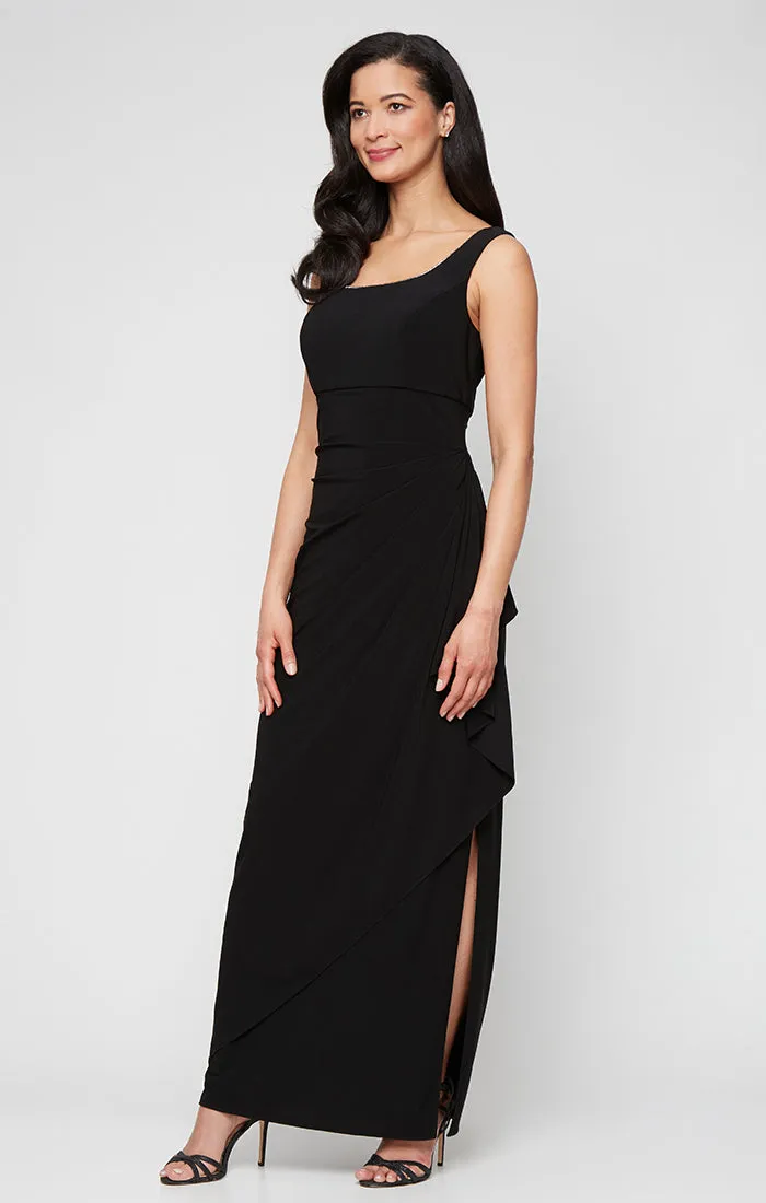 Petite - Long Matte Jersey Jacket Dress with Scoop Neckline, Cascade Skirt, Open Jacket and Foil Piping Trim sold by Alex Evenings product image thumbnail 2