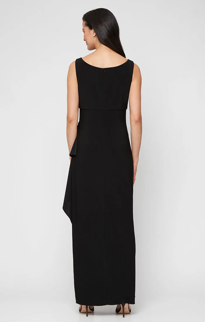 Petite - Long Matte Jersey Jacket Dress with Scoop Neckline, Cascade Skirt, Open Jacket and Foil Piping Trim sold by Alex Evenings product image thumbnail 3