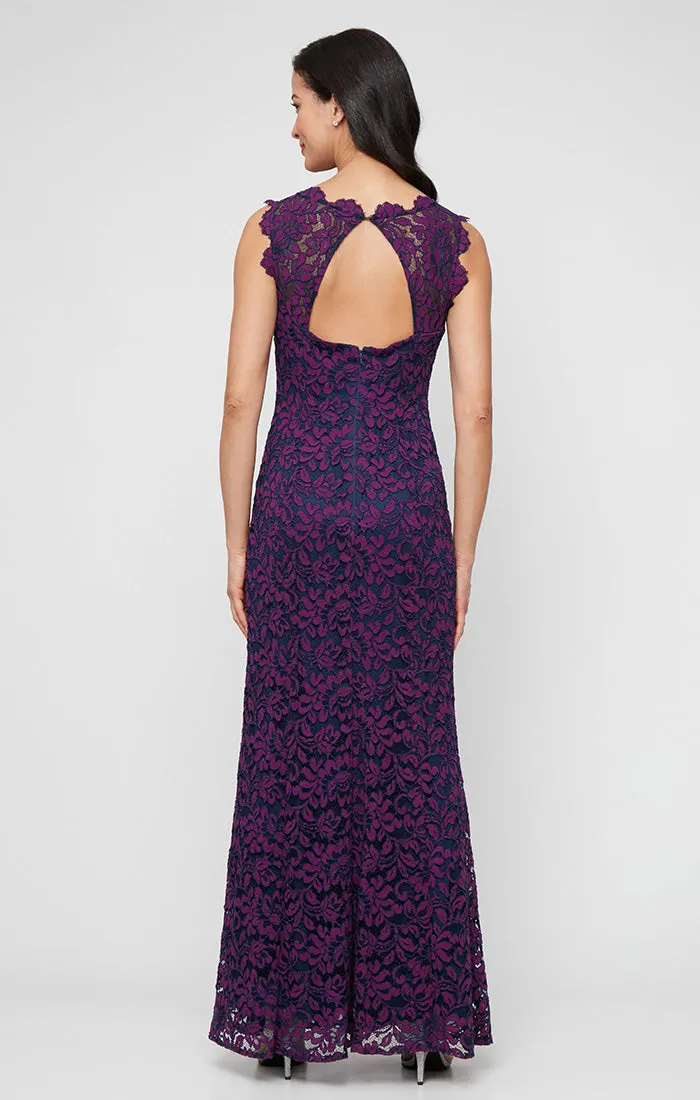 Petite - Long Sleeveless Lace Mermaid Dress with Illusion Neckline and Scallop Detail sold by Alex Evenings product image thumbnail 2