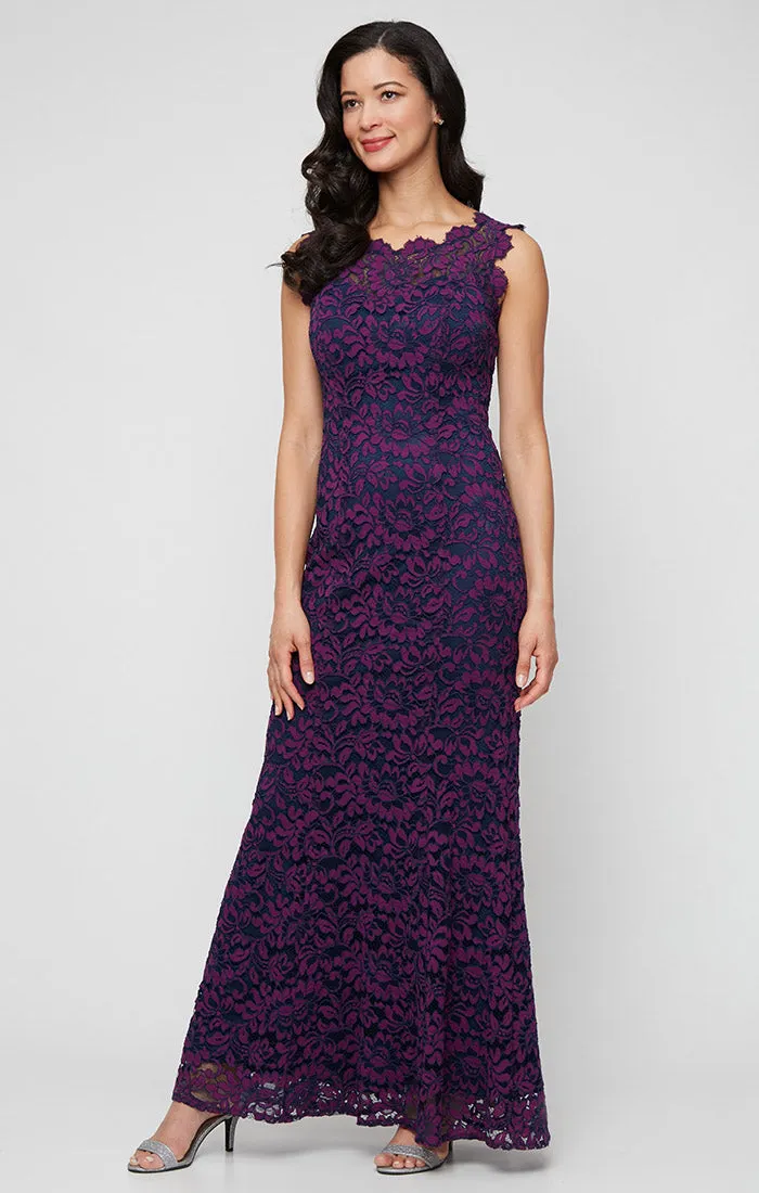 Petite - Long Sleeveless Lace Mermaid Dress with Illusion Neckline and Scallop Detail sold by Alex Evenings