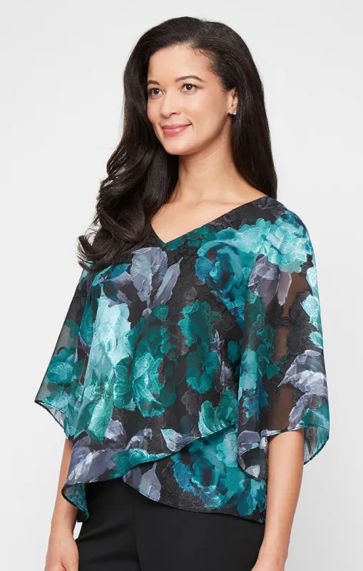 Plus Printed V-Neck Chiffon Burnout Blouse with Tulip Hem sold by Alex Evenings