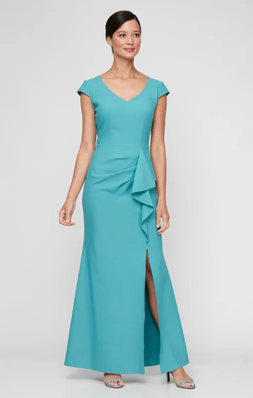 Regular - Contour V-Neck Gown with Cap Sleeves & Cascade Ruffle Skirt sold by Alex Evenings