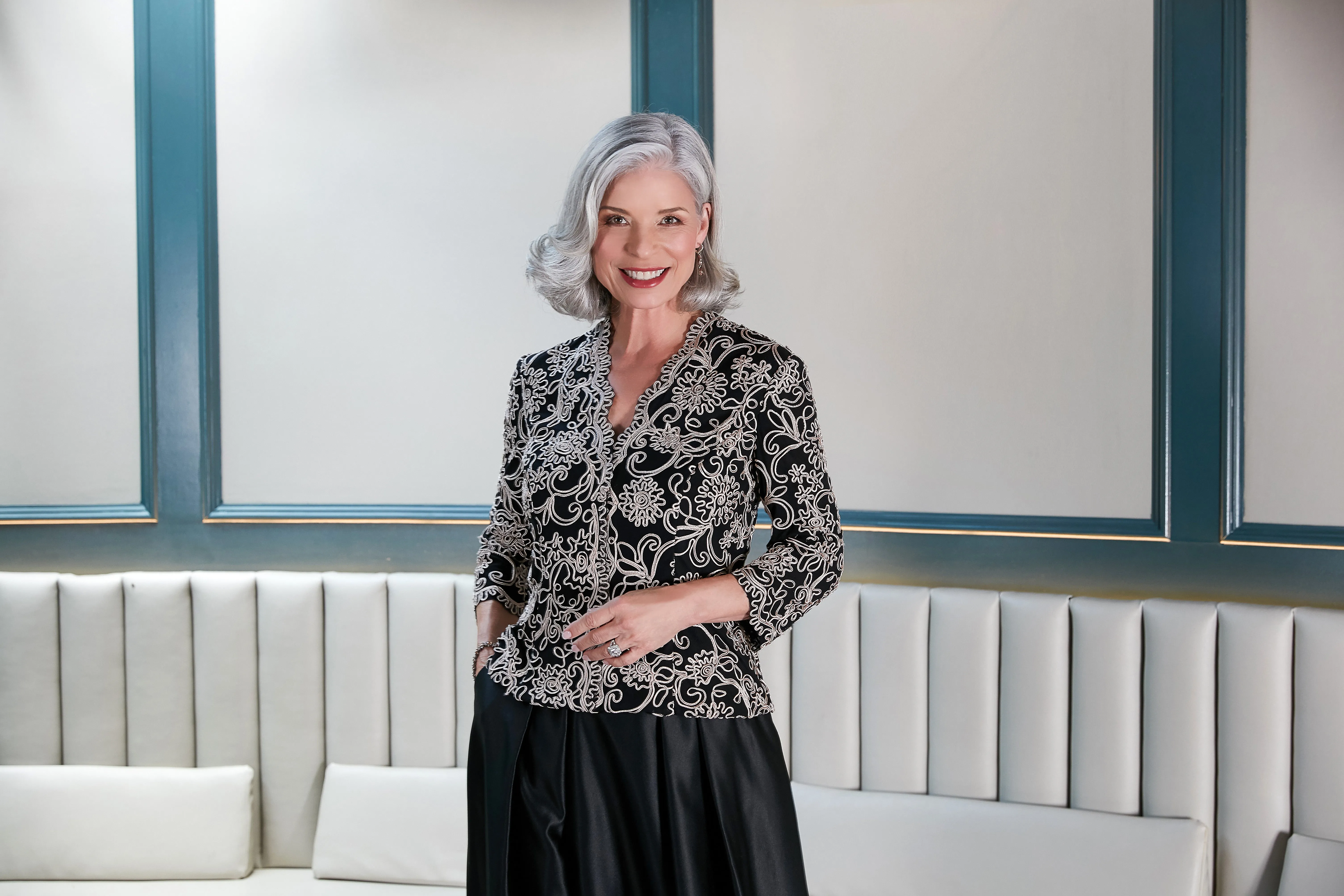 3/4 Sleeve Embroidered Blouse With Center Front Scallop Detail and Illusion Sleeves sold by Alex Evenings product image thumbnail 5