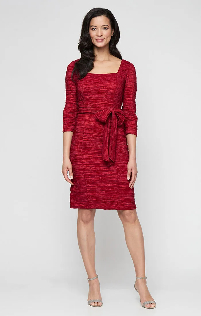 Regular - Crinkle Stretch Taffeta Sheath with Square Neckline and Tie Waist Detail sold by Alex Evenings