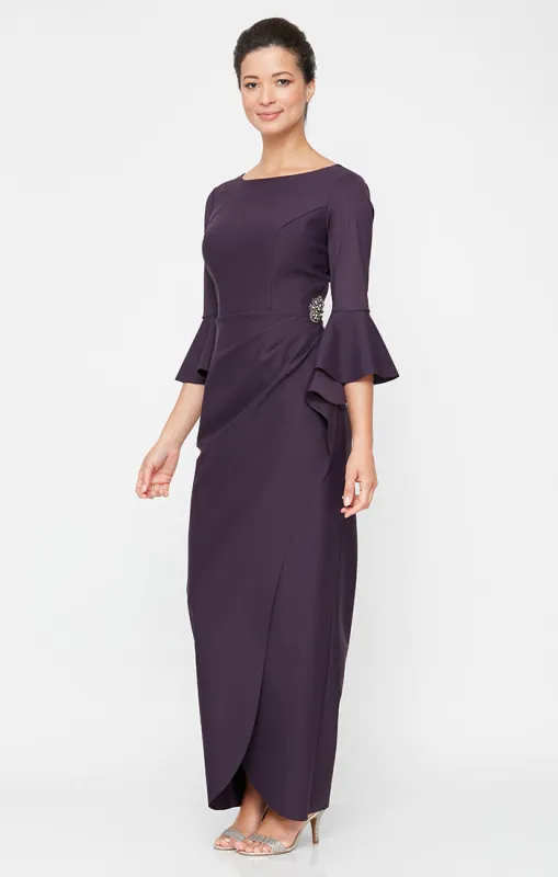 Regular - Contour Collection Long Sheath Dress with Bell Sleeves, a Cascade Ruffle Tulip Hem Skirt & Embellishment Detail at Hip sold by Alex Evenings