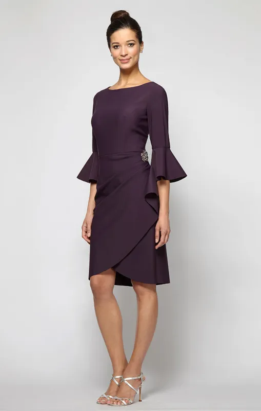 Sheath Contour Cocktail Dress with Bell Sleeves, Embellished Hip & Cascade Ruffle Detail sold by Alex Evenings