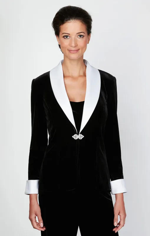 Velvet twinset with contrast satin collar & cuffs and decorative clasp closure on jacket sold by Alex Evenings