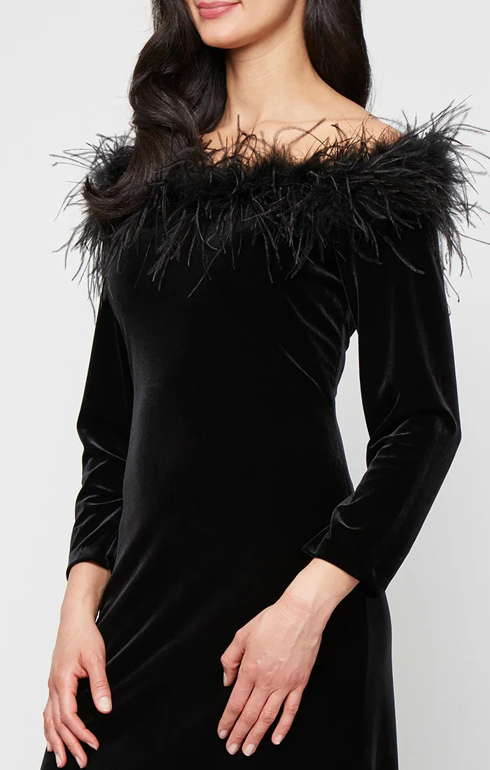Long Stretch Velvet Off the Shoulder Dress with Maribou Neckline Detail sold by Alex Evenings product image thumbnail 3