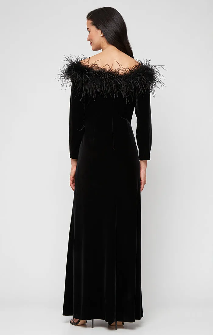 Long Stretch Velvet Off the Shoulder Dress with Maribou Neckline Detail sold by Alex Evenings product image thumbnail 2