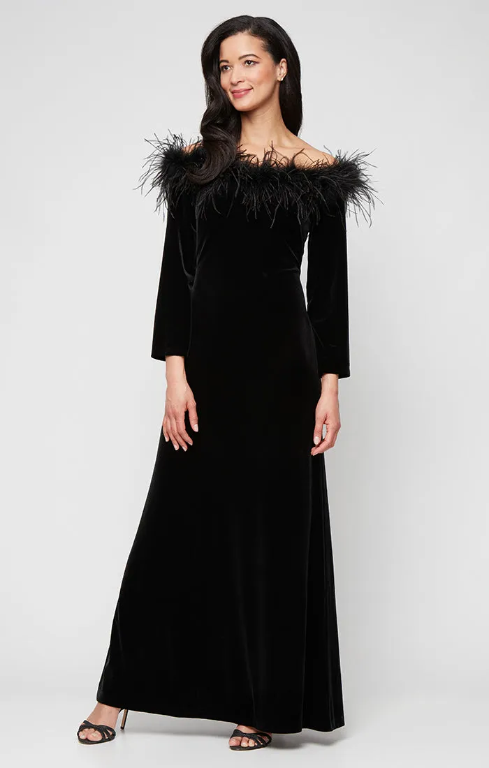 Long Stretch Velvet Off the Shoulder Dress with Maribou Neckline Detail sold by Alex Evenings