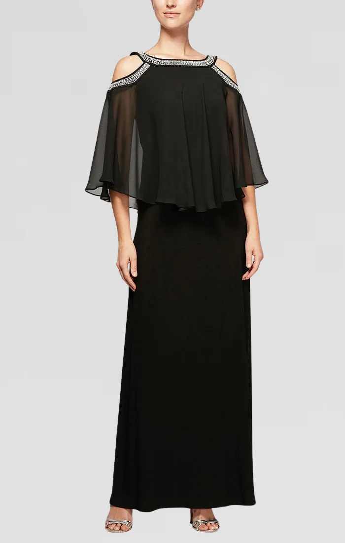 Regular - Cold Shoulder Popover Jersey & Chiffon Gown with Beaded Neckline sold by Alex Evenings