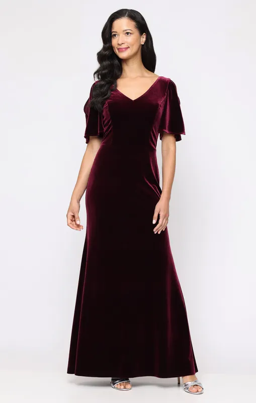 Regular - Long Stretch Velvet Mermaid Dress with V-Neckline and Short Cold Shoulder Sleeves sold by Alex Evenings