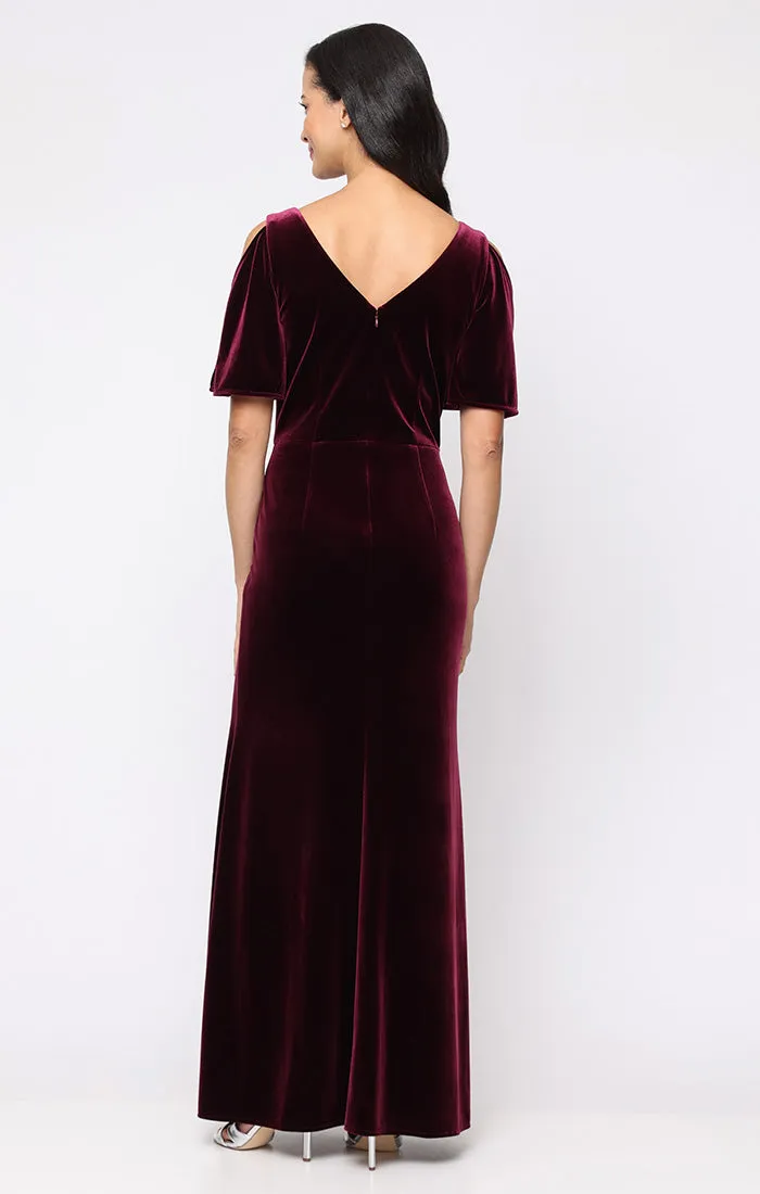 Regular - Long Stretch Velvet Mermaid Dress with V-Neckline and Short Cold Shoulder Sleeves sold by Alex Evenings product image thumbnail 2