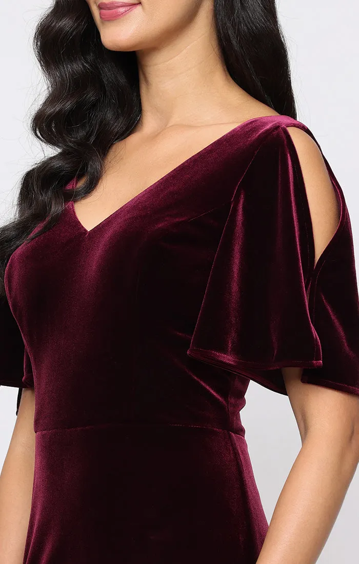Regular - Long Stretch Velvet Mermaid Dress with V-Neckline and Short Cold Shoulder Sleeves sold by Alex Evenings product image thumbnail 3