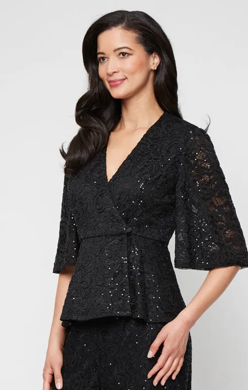 Plus 3/4 Sleeve Sequin Stretch Lace Side Closure Blouse with A-Line Sleeves sold by Alex Evenings
