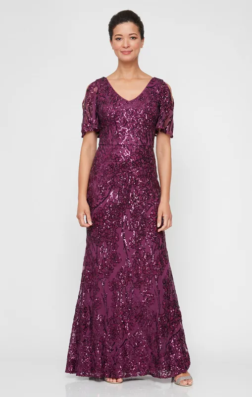 Regular - Caroline Flutter Sleeve Sequin Gown sold by Alex Evenings
