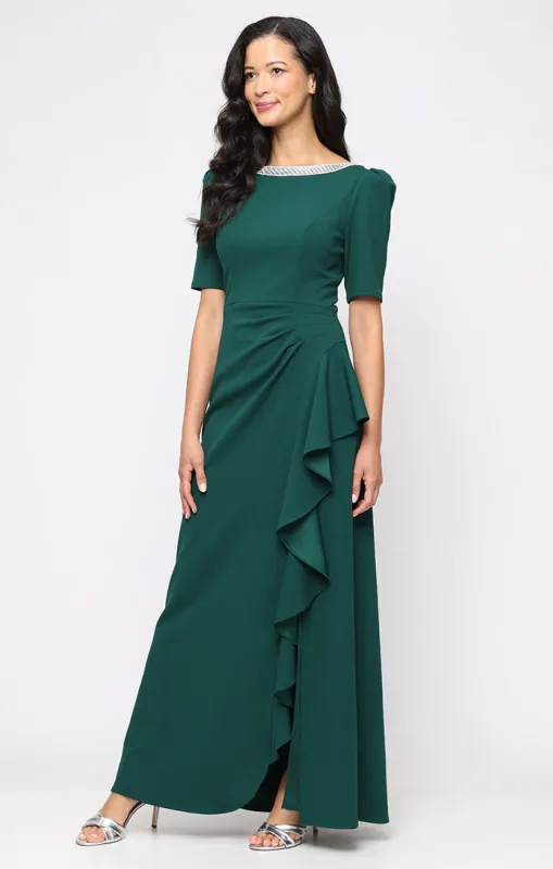 Embellished Stretch Crepe Dress with Elbow Sleeves and Cascade Detail Skirt sold by Alex Evenings