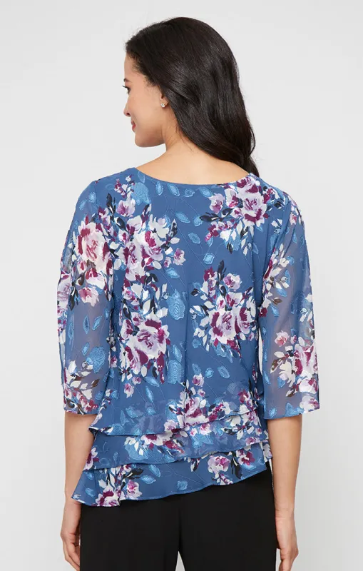 Plus - Printed Chiffon Burnout Blouse with Asymmetric Triple Tier Hem sold by Alex Evenings