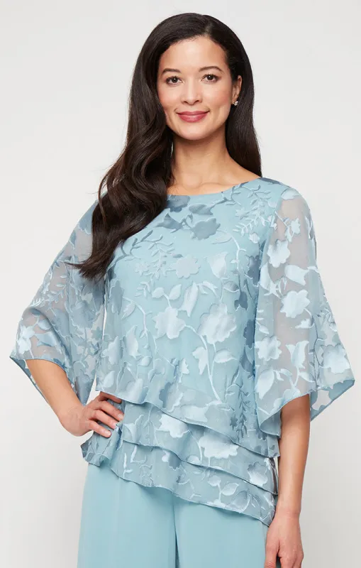 Regular - Burnout Chiffon Blouse with Asymmetrical Triple Tier Hem & Illusion Sleeves sold by Alex Evenings