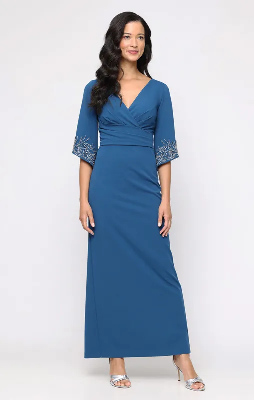 Plus Long Stretch Crepe Column Dress with Surplice Neckline, Gathered Waist Detail and Heat Set Sleeves sold by Alex Evenings