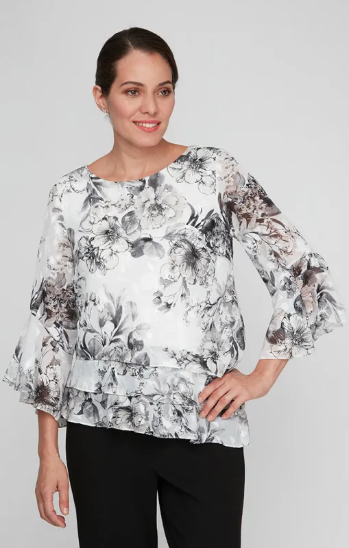Petite - 3/4 Sleeve Printed Chiffon Blouse with Bell Sleeves and Asymmetric Triple Tier Hem sold by Alex Evenings